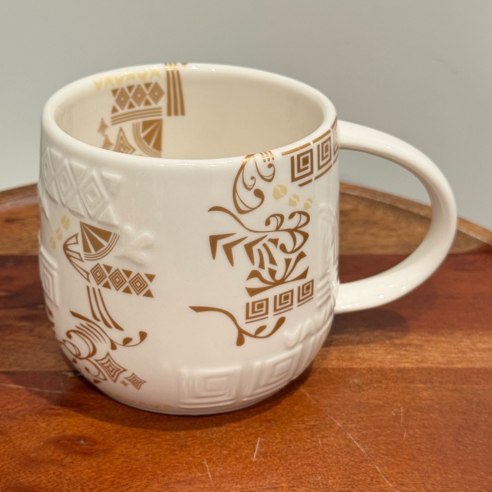 Starbucks 2012 Anniversary Mug New Bone China Gold Embossed Tribal Coffee Bean